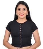 Black High Neck Stretchable Front Button Cotton Lycra Saree Blouse