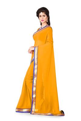 Mustard plain georgette saree with blouse 2