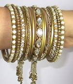 Gold Pearl Hanging Chain Bangles Bracelets Set 2.10 Size