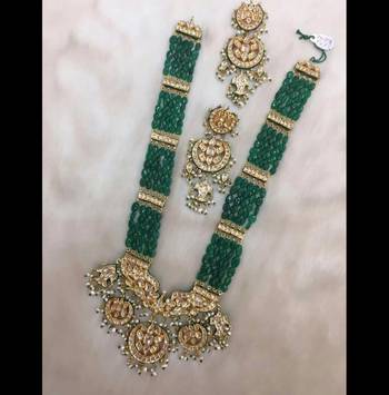 Gold Plated Kundan And Shell Pearls With Green Onyx Chaand Multistring Long Necklace 1