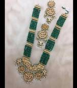 Gold Plated Kundan And Shell Pearls With Green Onyx Chaand Multistring Long Necklace