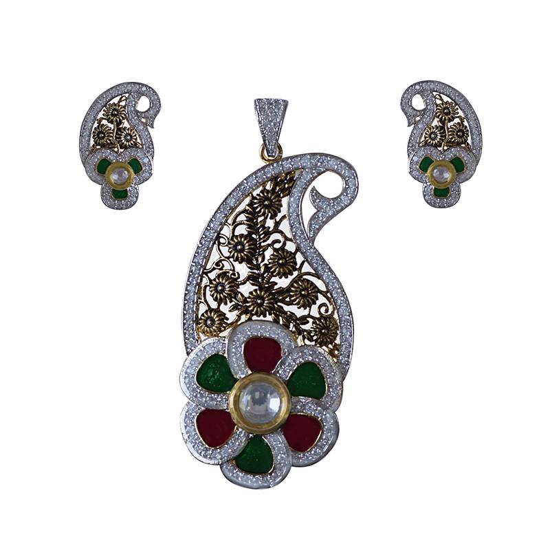 Antique Finish Oxidized American Diamond Studed Meenakari Mango Flower