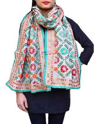 GiftPiper Chanderi Hand Embroidered Stole-Turquoise