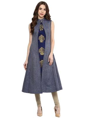 Blue Color Denim A-Line Front Slit Women's Long Kurti 1