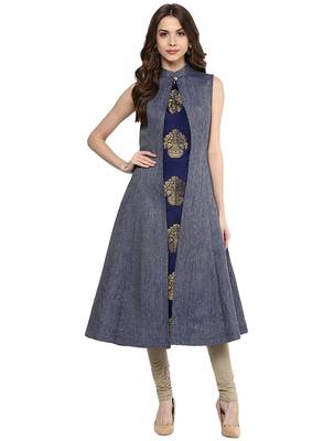 Blue Color Denim A-Line Front Slit Women's Long Kurti 2