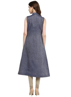 Blue Color Denim A-Line Front Slit Women's Long Kurti 3
