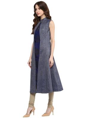 Blue Color Denim A-Line Front Slit Women's Long Kurti 4