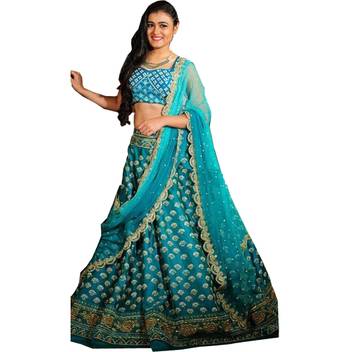 Sky blue embroidered silk semi stitched lehenga 1
