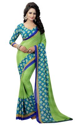 Green printed georgette saree with blouse 1