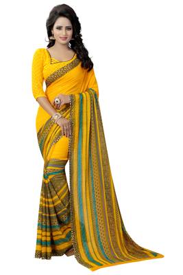 Yellow printed georgette saree with blouse 1