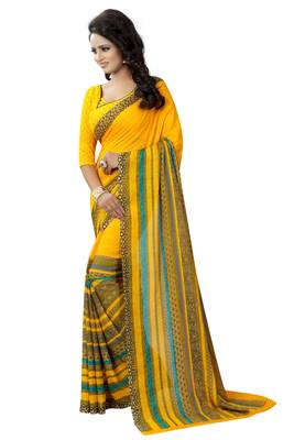 Yellow printed georgette saree with blouse 2