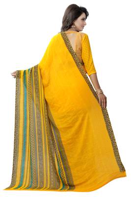 Yellow printed georgette saree with blouse 3