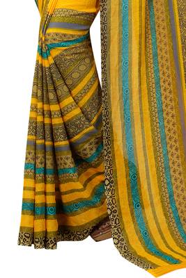 Yellow printed georgette saree with blouse 4