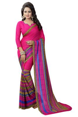 Pink printed georgette saree with blouse 1