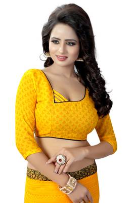 Yellow printed georgette saree with blouse 5