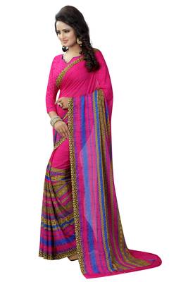 Pink printed georgette saree with blouse 2