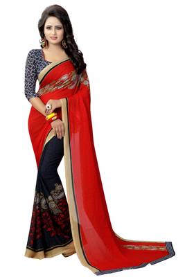 Red printed georgette saree with blouse 1