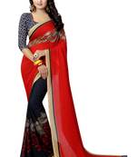 Red printed georgette saree with blouse