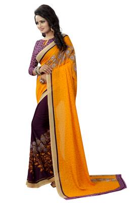 Yellow printed georgette saree with blouse 2