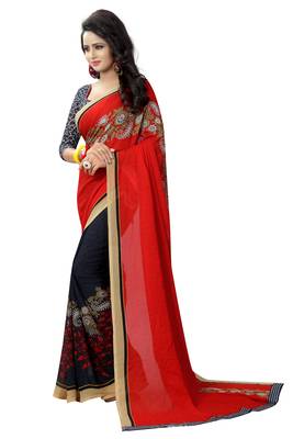 Red printed georgette saree with blouse 2