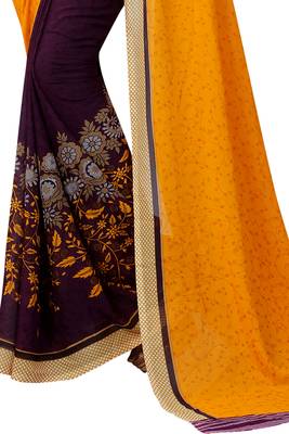 Yellow printed georgette saree with blouse 3