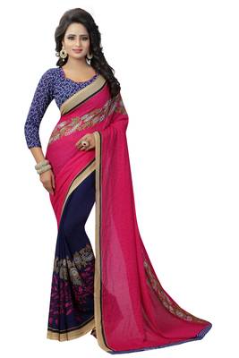 Pink printed georgette saree with blouse 1