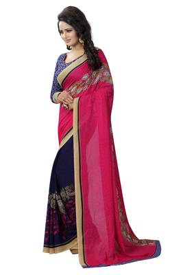Pink printed georgette saree with blouse 2