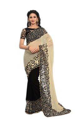 Cream embroidered georgette saree with blouse 1