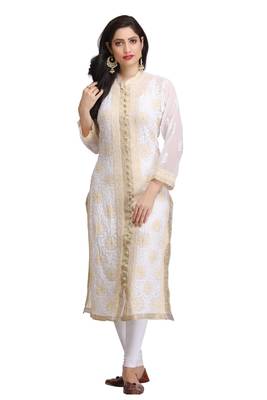 White Embroidered Faux Georgette Chikankari Kurti 1