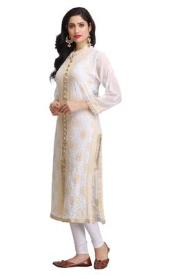 White Embroidered Faux Georgette Chikankari Kurti 3