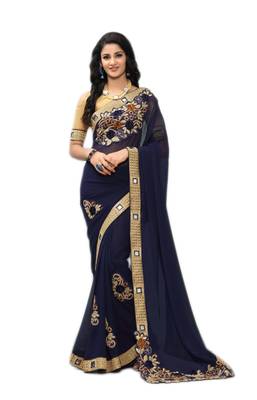 Navy blue embroidered georgette saree with blouse 1