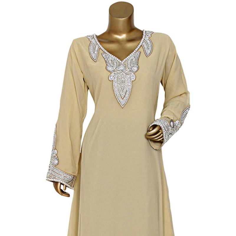 Cream Crystal Embellished Georgette Kaftan Aaya Maxi Dress