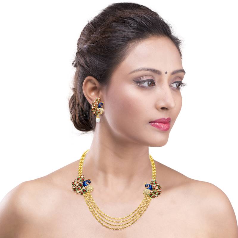24K Gold Plated Royal Pearl Meenakari Multi Layered Chain Set