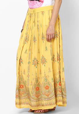 Yellow Embroidered Cotton Long Skirt 3