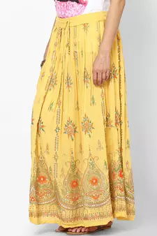 Yellow Embroidered Cotton Long Skirt