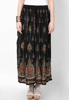 Black Embroidered Cotton Long Skirt 1