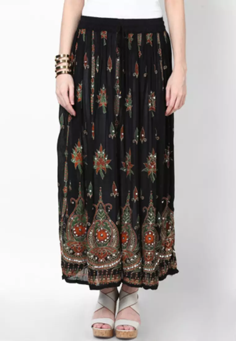 Black Embroidered Cotton Long Skirt