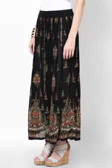 Black Embroidered Cotton Long Skirt