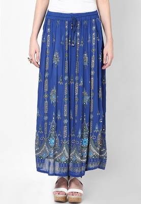 Blue Embroidered Cotton Long Skirt 1
