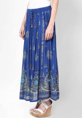 Blue Embroidered Cotton Long Skirt 3