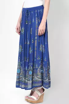 Blue Embroidered Cotton Long Skirt