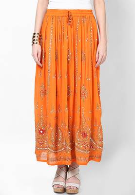 Orange Embroidered Cotton Long Skirt 1