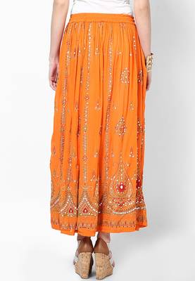 Orange Embroidered Cotton Long Skirt 2