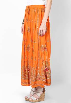 Orange Embroidered Cotton Long Skirt 3