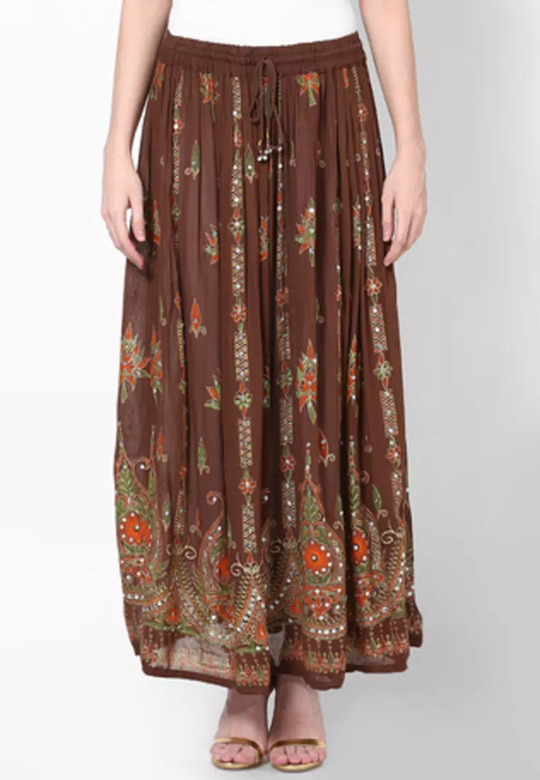 Brown Embroidered Cotton Long Skirt