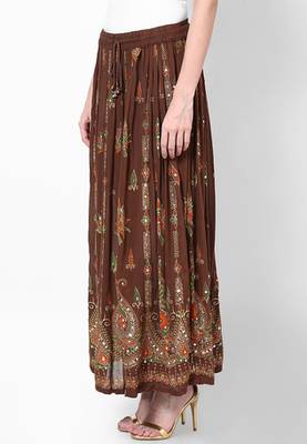 Brown Embroidered Cotton Long Skirt 3