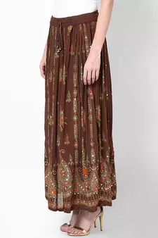 Brown Embroidered Cotton Long Skirt