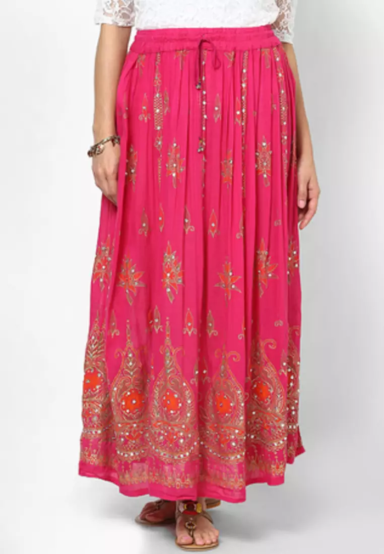 Pink Embroidered Cotton Long Skirt