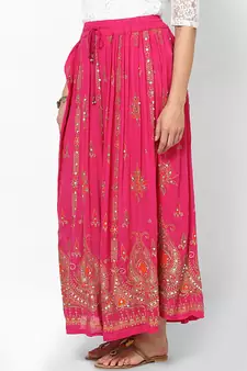 Pink Embroidered Cotton Long Skirt