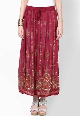 Maroon Embroidered Cotton Long Skirt 1